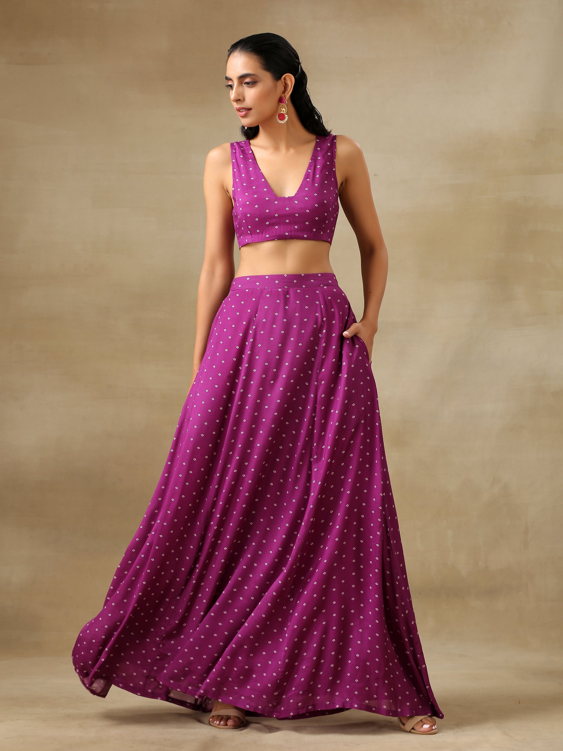 trueBrowns Purple Bandhani Printed Silk Top Skirt Jacket Set | Swadesiicart