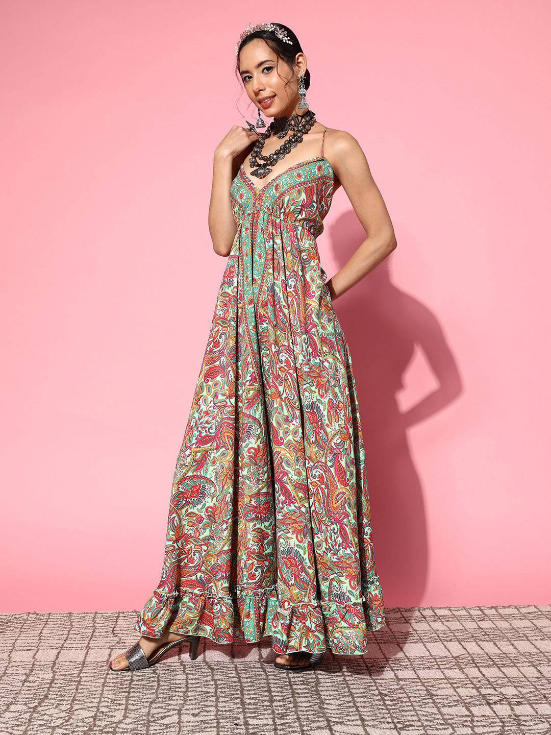 InWeave Women's Green Paisley Print Back Detail Long Dress - Swadesiicart