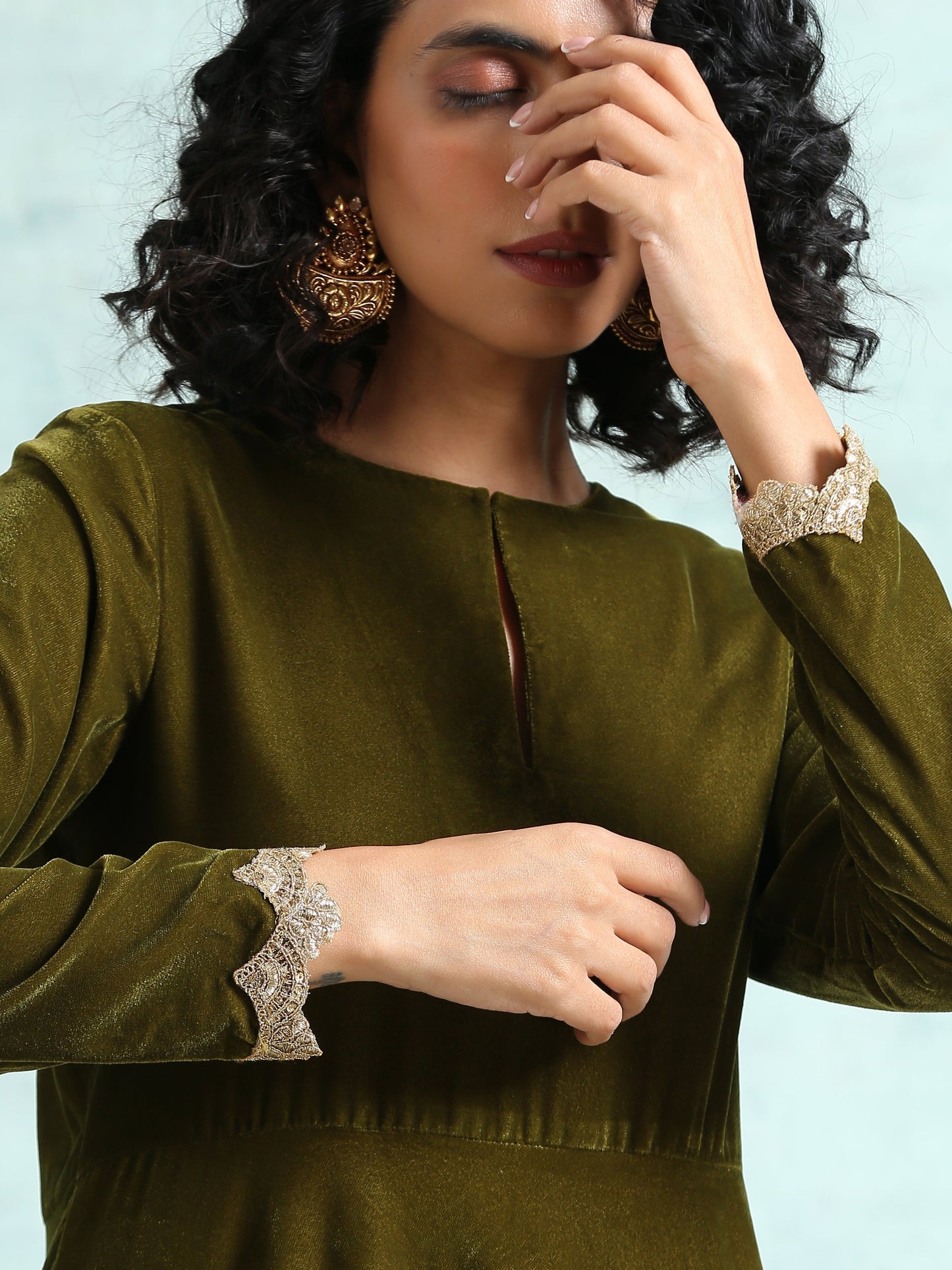 trueBrowns Mehandi Velvet Anarkali Kurta | Swadesiicart