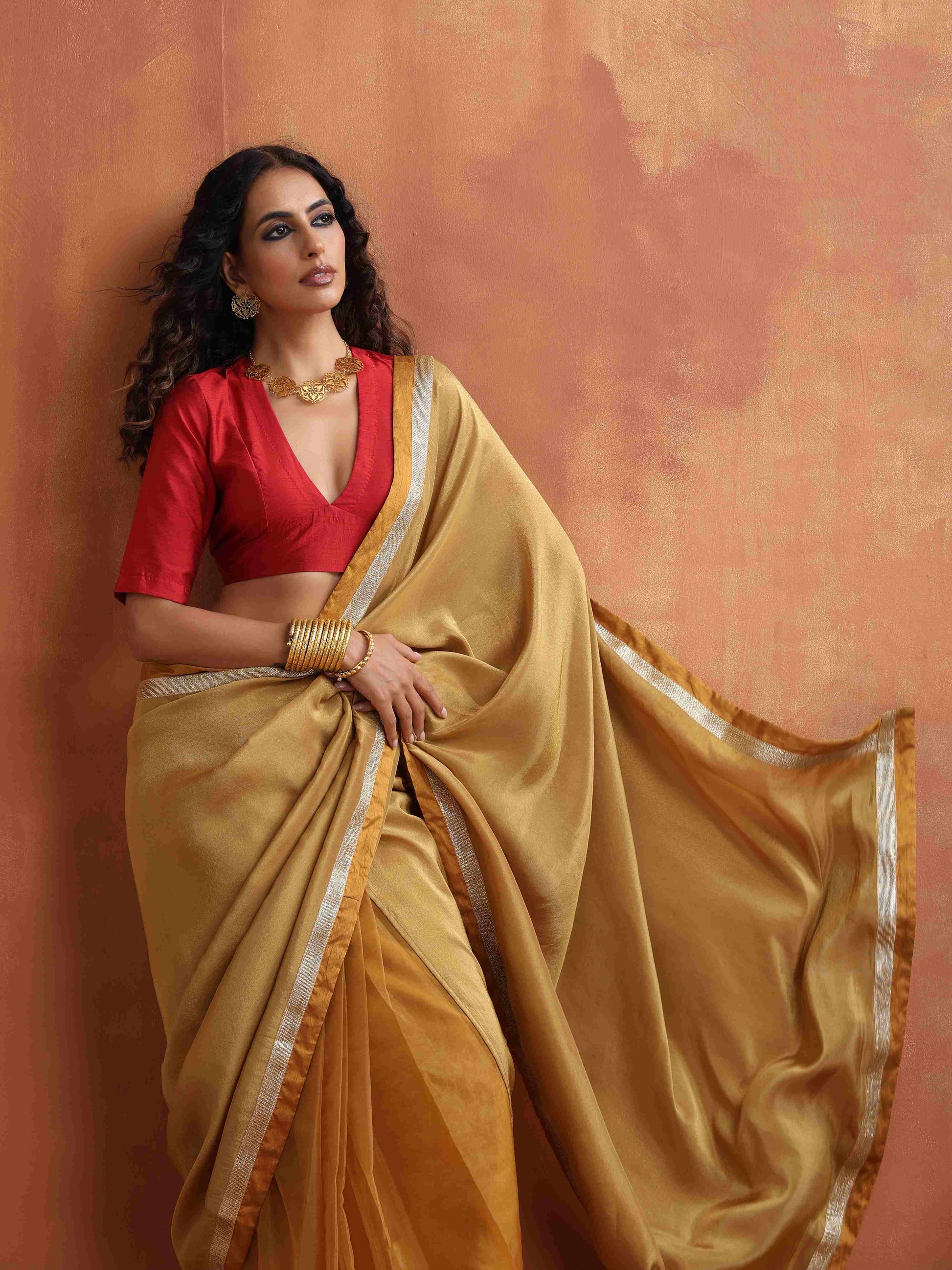 trueBrowns Gold Tissue Ready To Wear Saree | Swadesiicart
