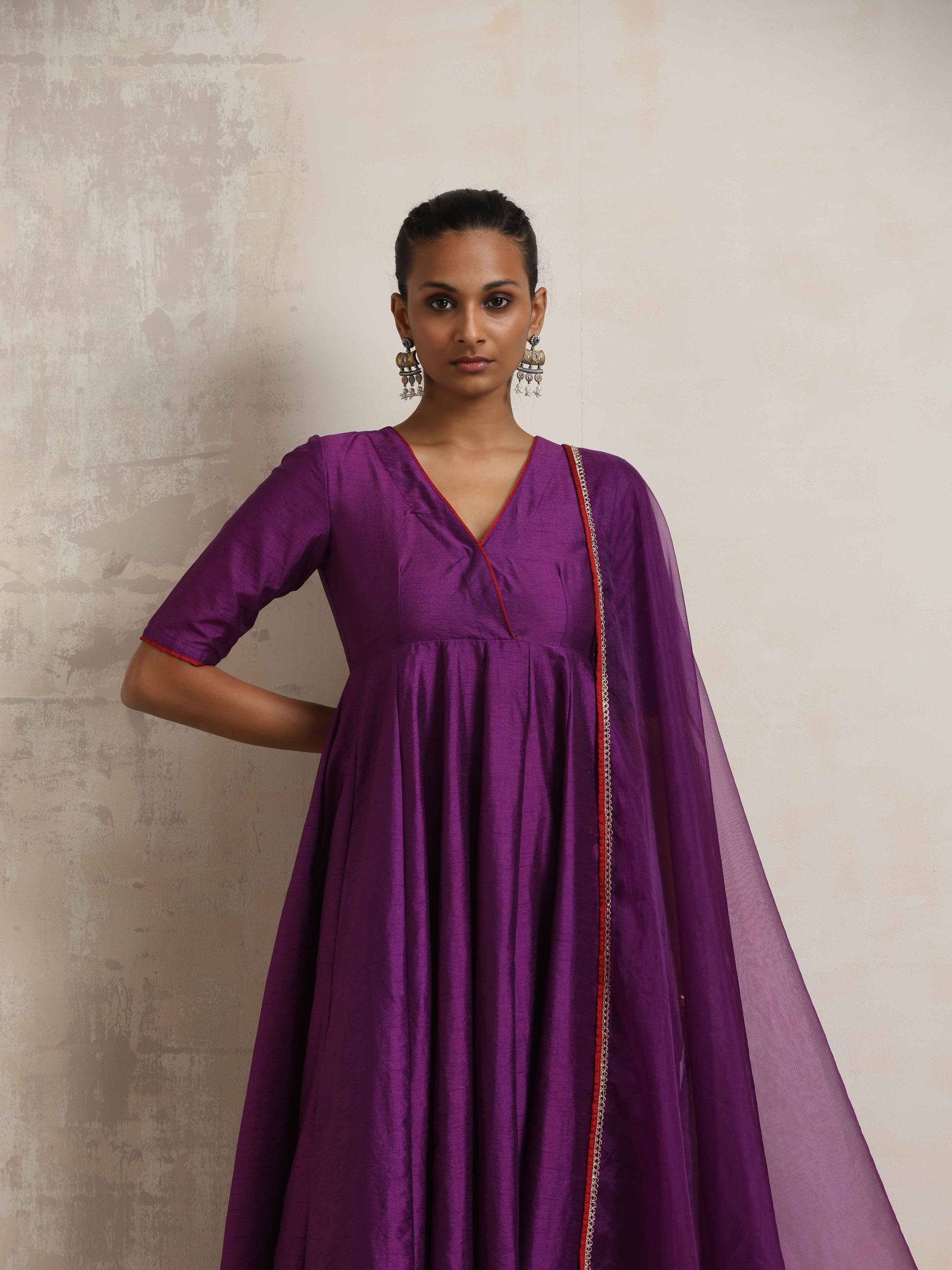 trueBrowns Purple Silk Anarkali Kurta Pant Dupatta Set | Swadesiicart