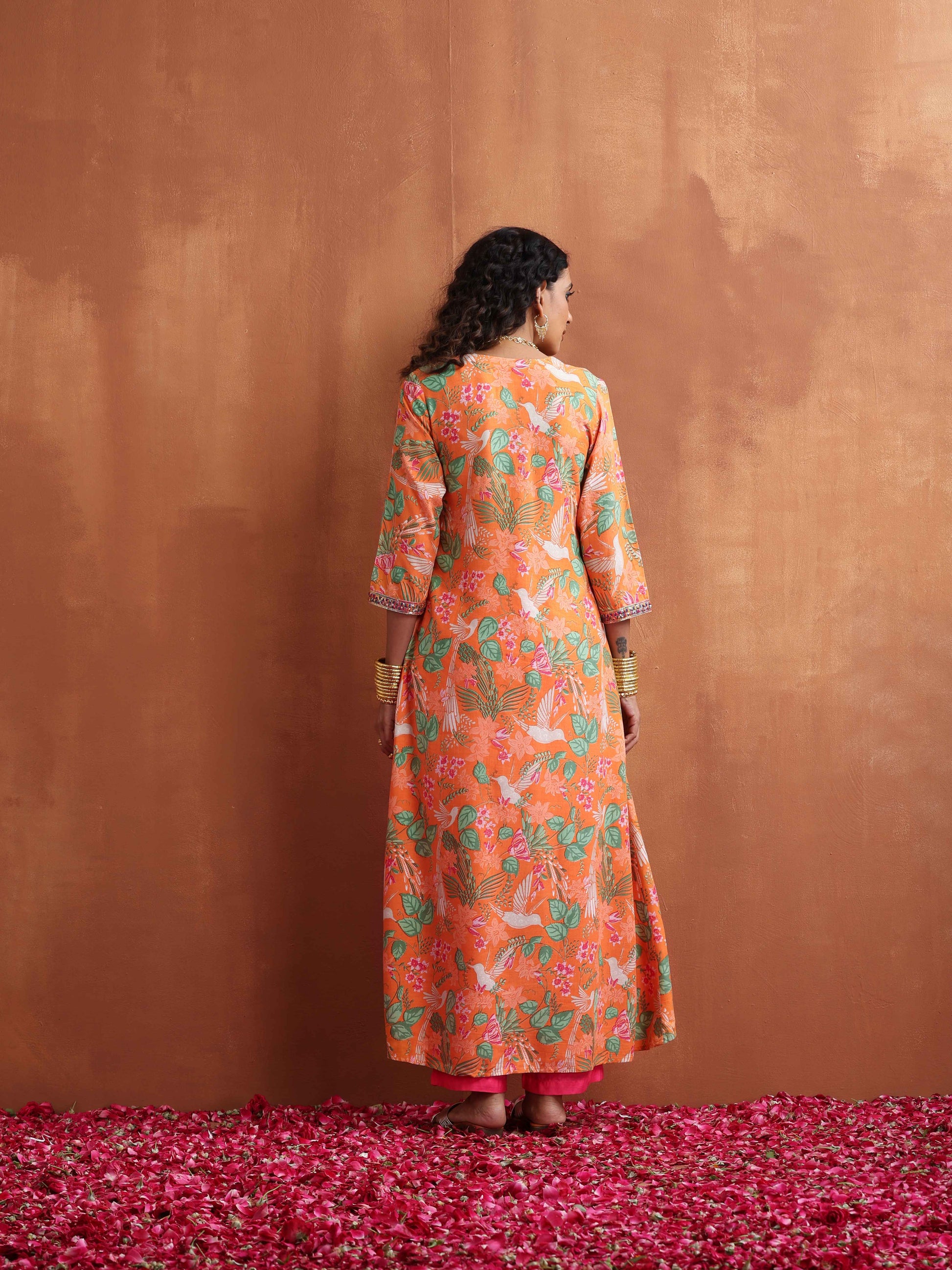 trueBrowns Orange Floral Print A-line Kurta Set | Swadesiicart