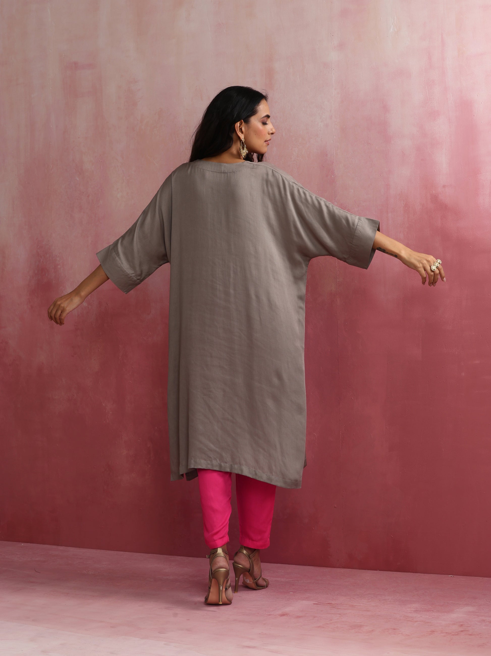 trueBrowns Grey Modal Kimono Kurta Set | Swadesiicart