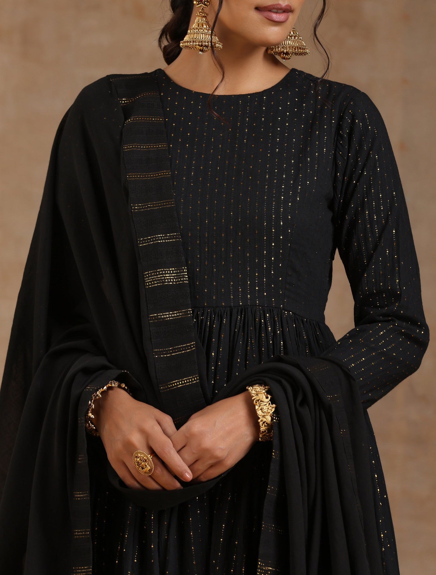 trueBrowns Black Gold Cotton Anarkali Set | Swadesiicart