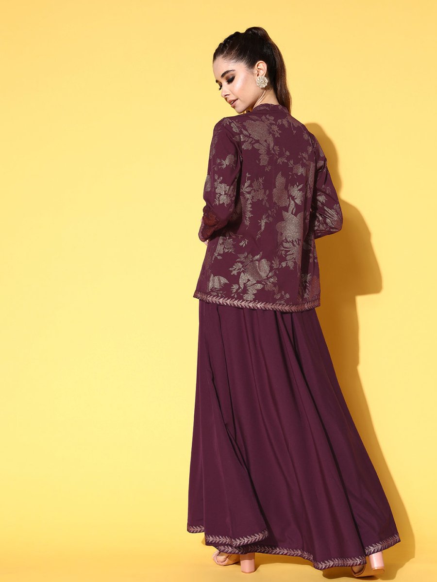 Ahalyaa Women Burgundy Top With Skirt & With Jacket | Swadesiicart