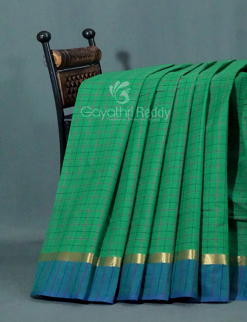 Rama Green With Checks Pure Mangalgiri Cotton Saree By Gayathri Reddy Designer Studio | Swadesiicart