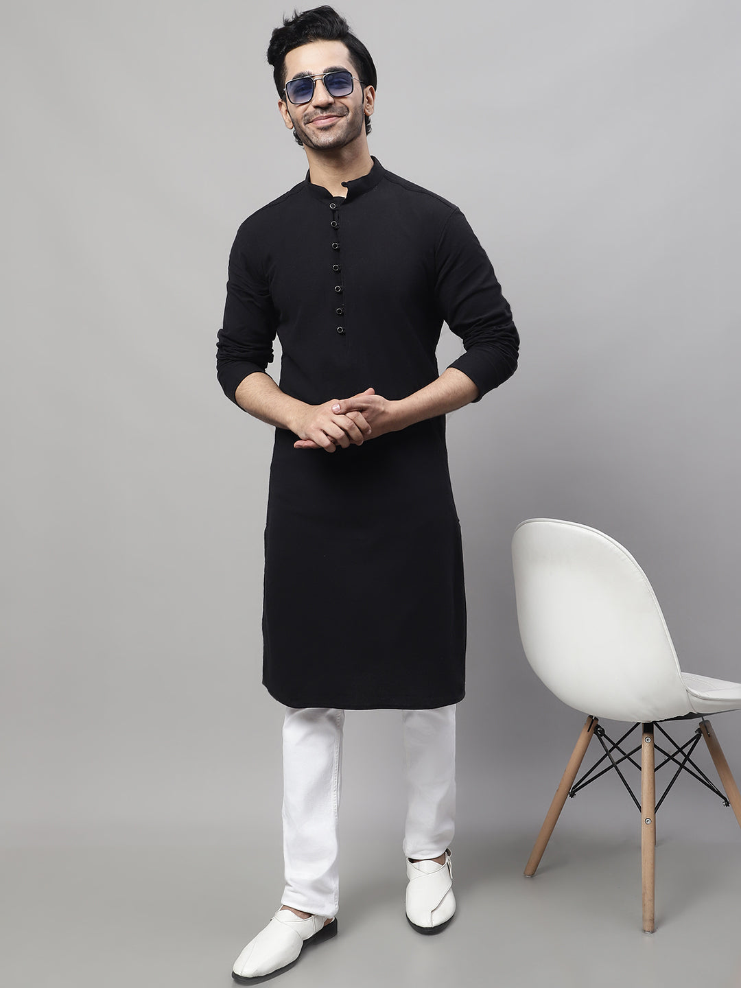 Even Apparels Black Pure Cotton Kurta With Band Collar | Swadesiicart