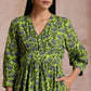 trueBrowns Lime Green Overall Blue Floral Block Print Cotton Wrap Dress | Swadesiicart