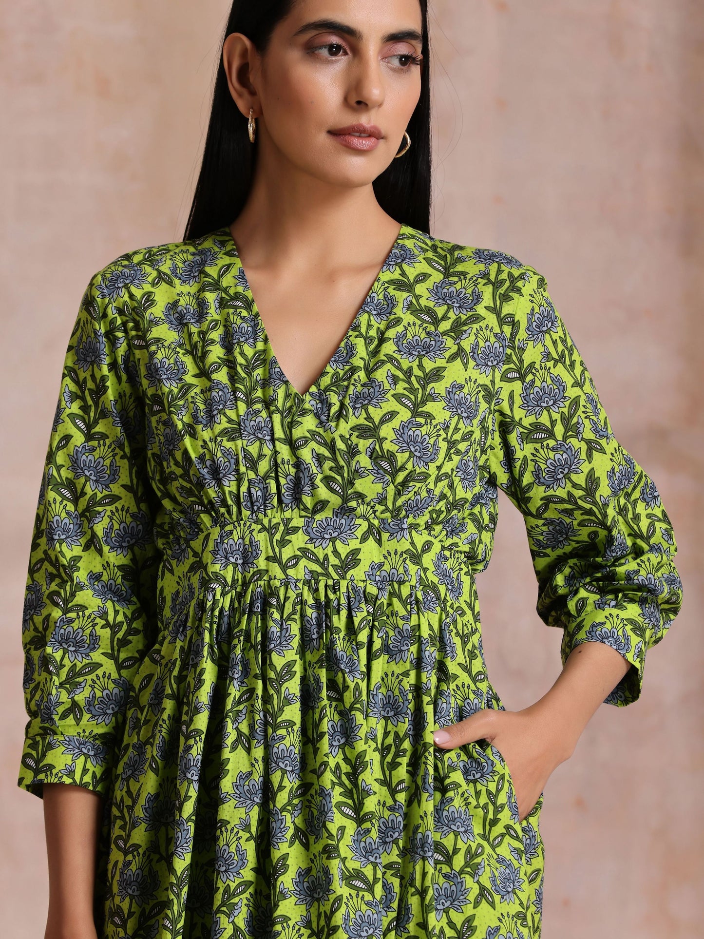 trueBrowns Lime Green Overall Blue Floral Block Print Cotton Wrap Dress | Swadesiicart