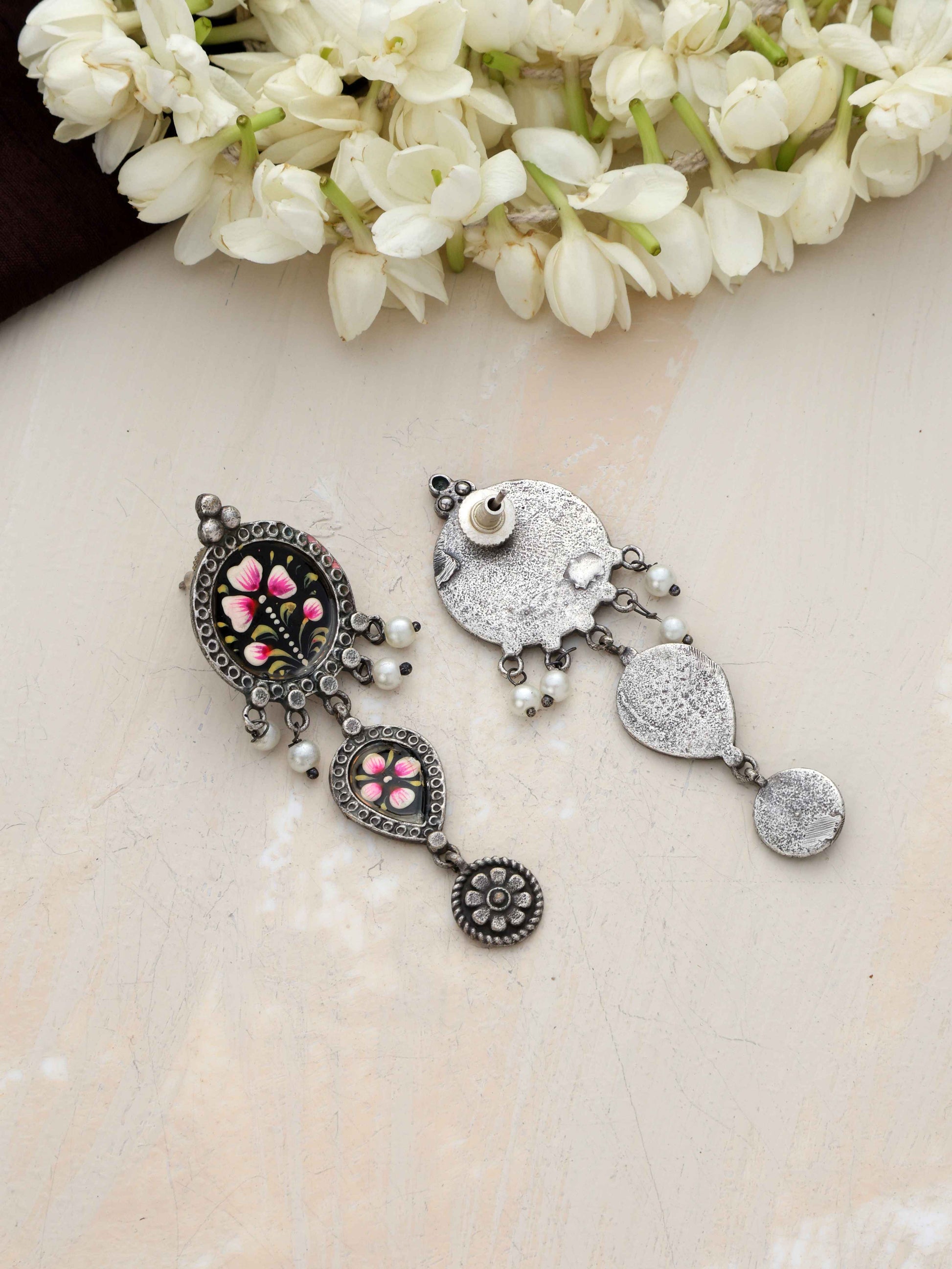 trueBrowns Silver Tone Handpainted Dangle Earrings - Swadesiicart