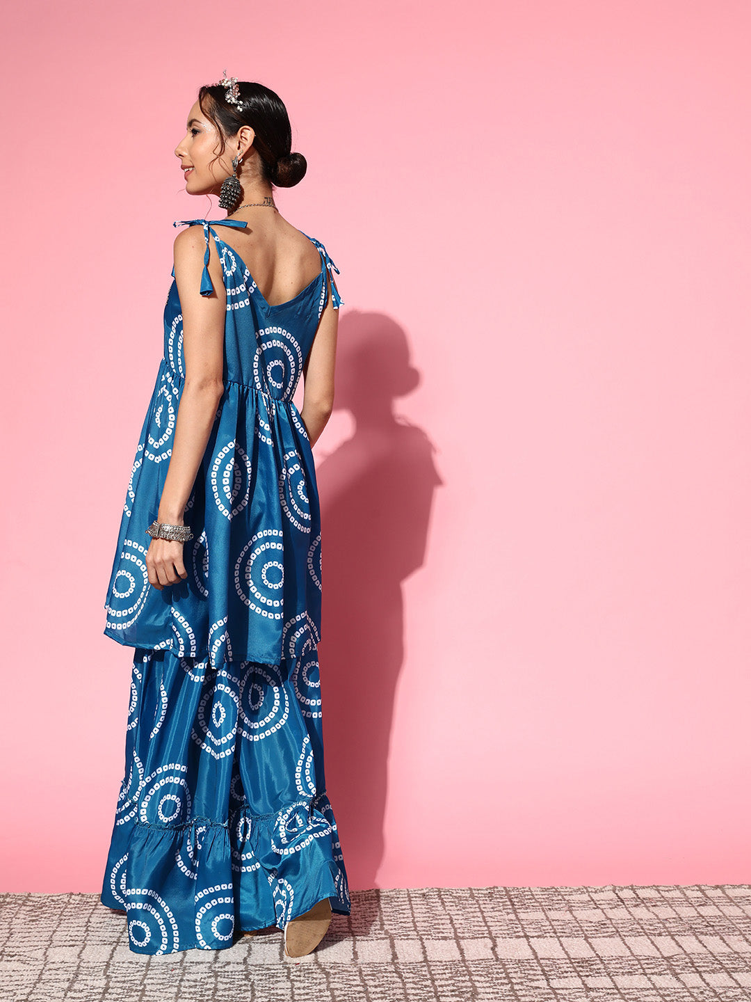 InWeave Women's Blue Bandhani Motif Shoulder Tie Up Kurta Set - Swadesiicart
