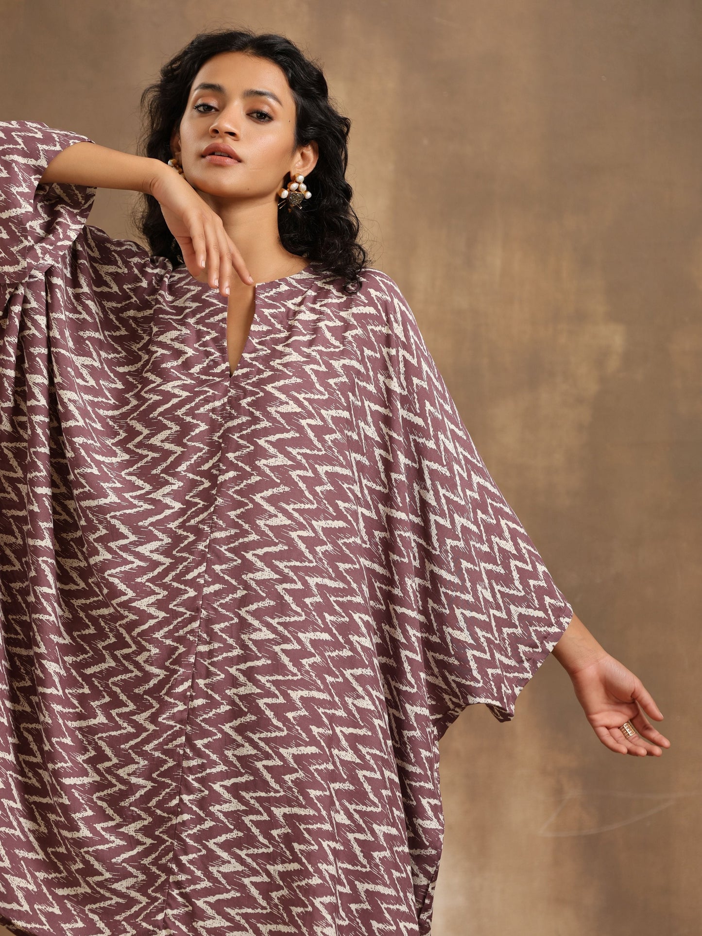 trueBrowns Dark Mauve Zig Zag Printed Silk Kaftan Co-Ord Set - Swadesiicart