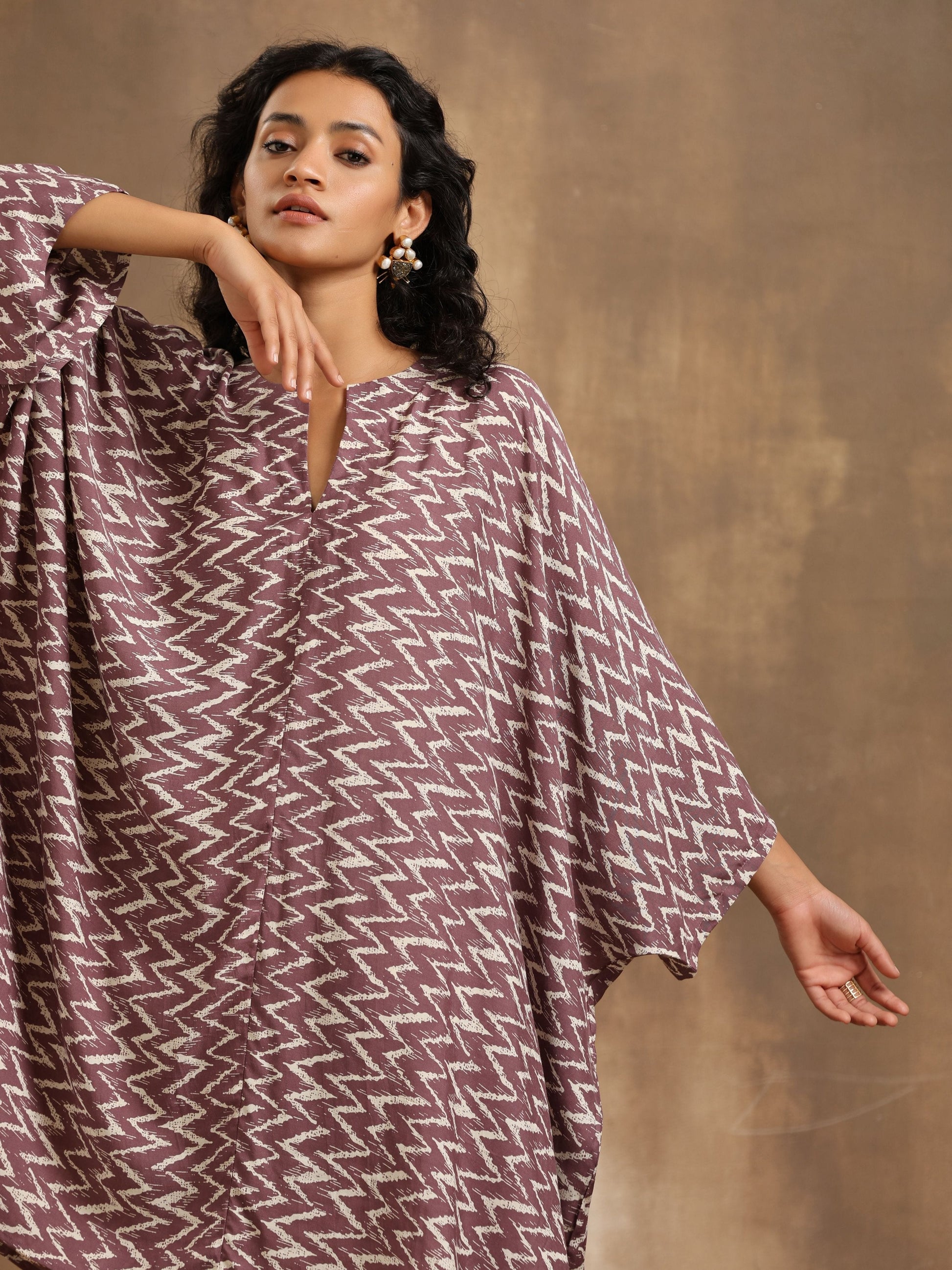 trueBrowns Dark Mauve Zig Zag Printed Silk Kaftan Co-Ord Set - Swadesiicart
