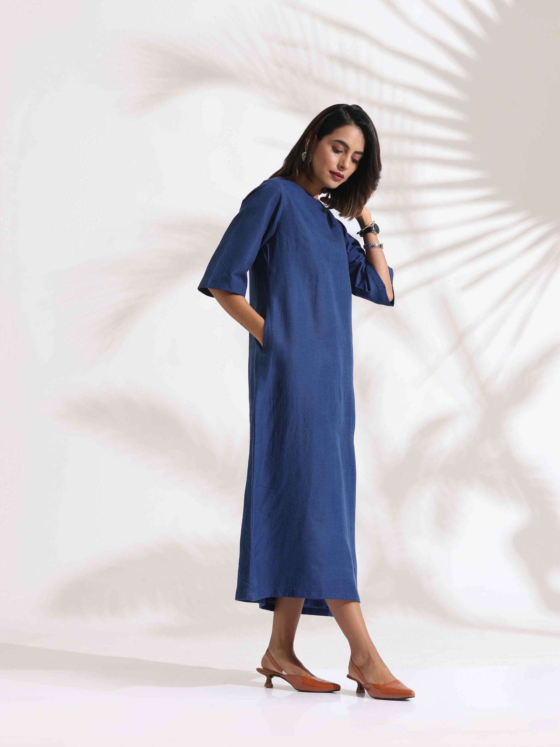trueBrowns Blue Slub Dress | Swadesiicart