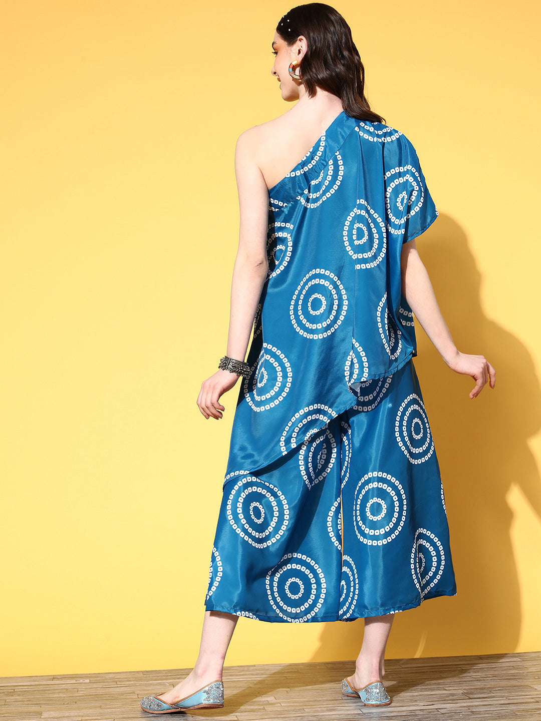 InWeave Women's Blue Bandhani Motif One Shoulder Palazzo Set - Swadesiicart