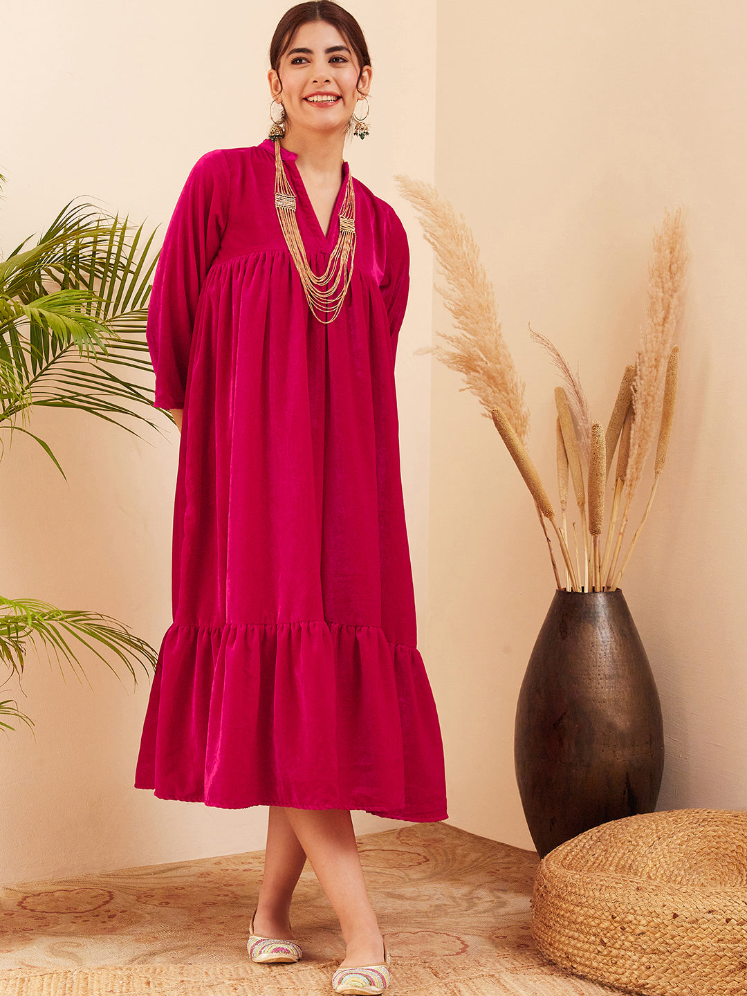 InWeave Women's Fuchsia Velvet Manderia V Neck Flared Dress - Swadesiicart