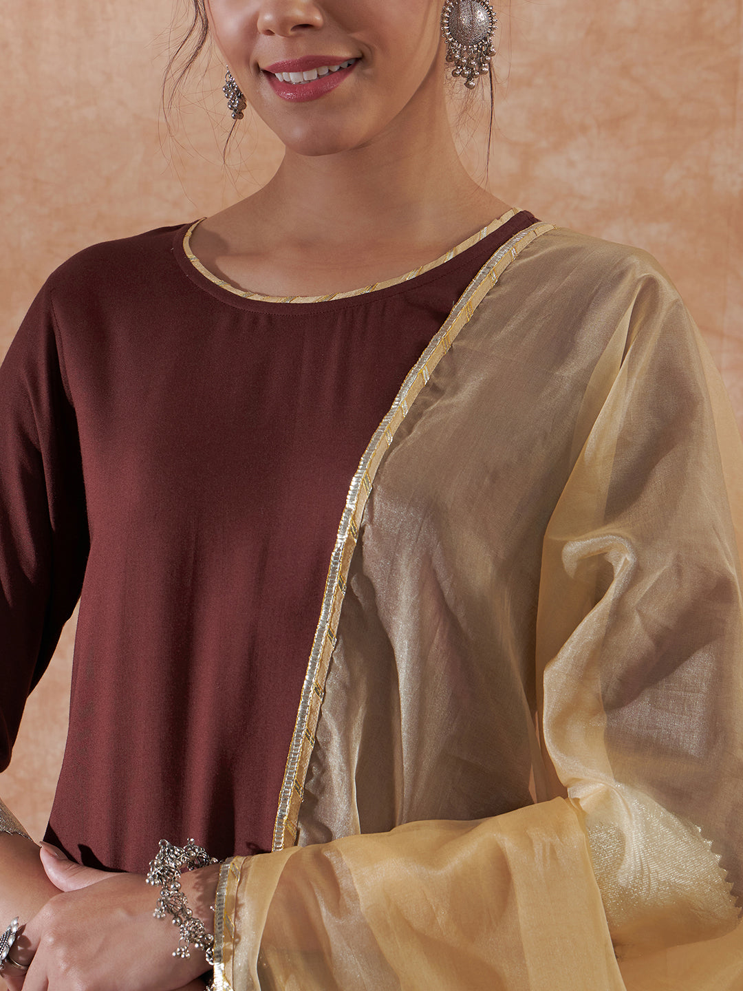 InWeave Women's Brown Gota Work Anarkali Kurta Set W Dupatta - Swadesiicart