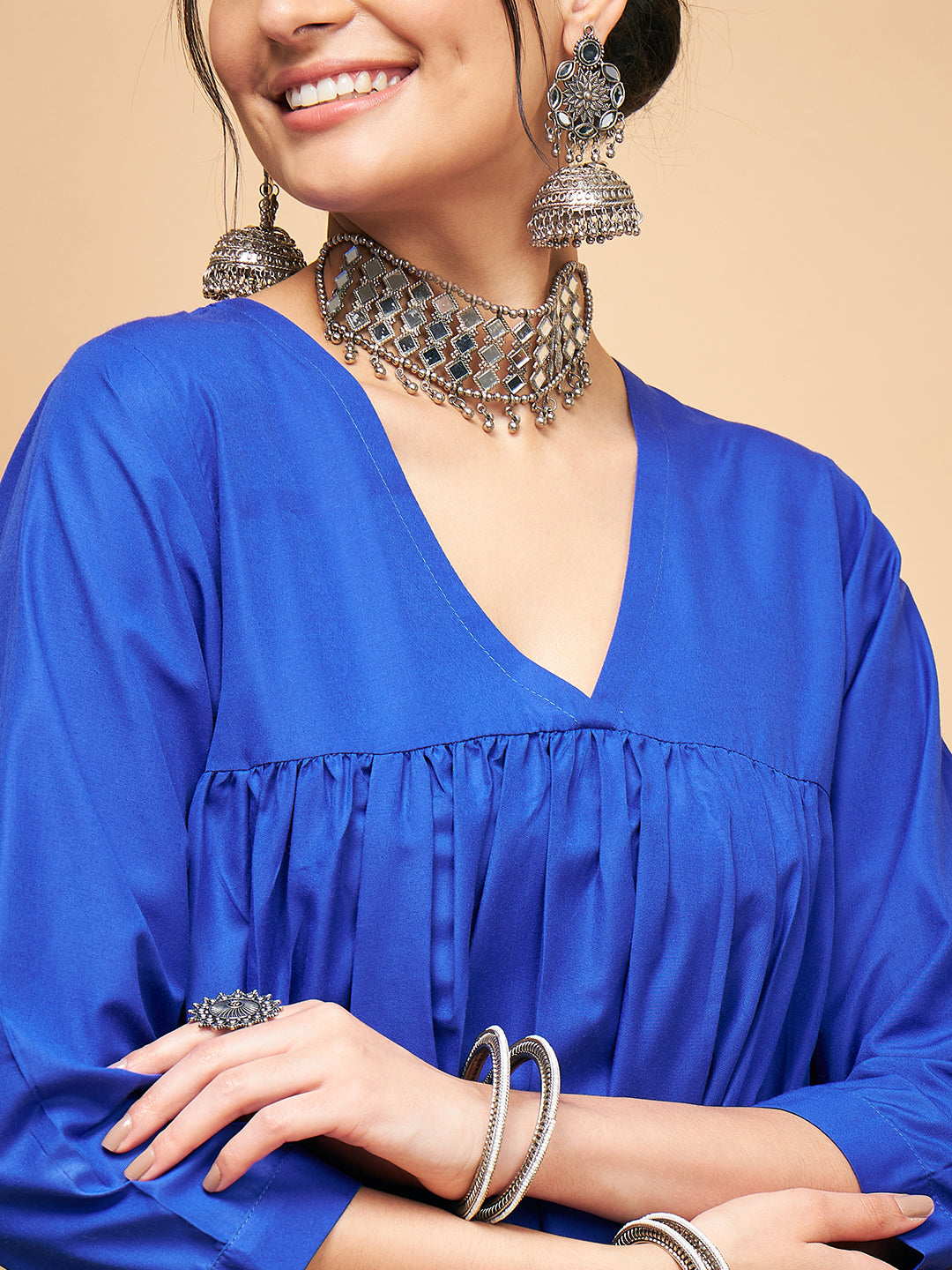 InWeave Women's Ink Blue Flared Kurta Palazzo Set - Swadesiicart