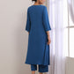 trueBrowns Classic Blue Dobby High Slit Gathered Kurta Set | Swadesiicart
