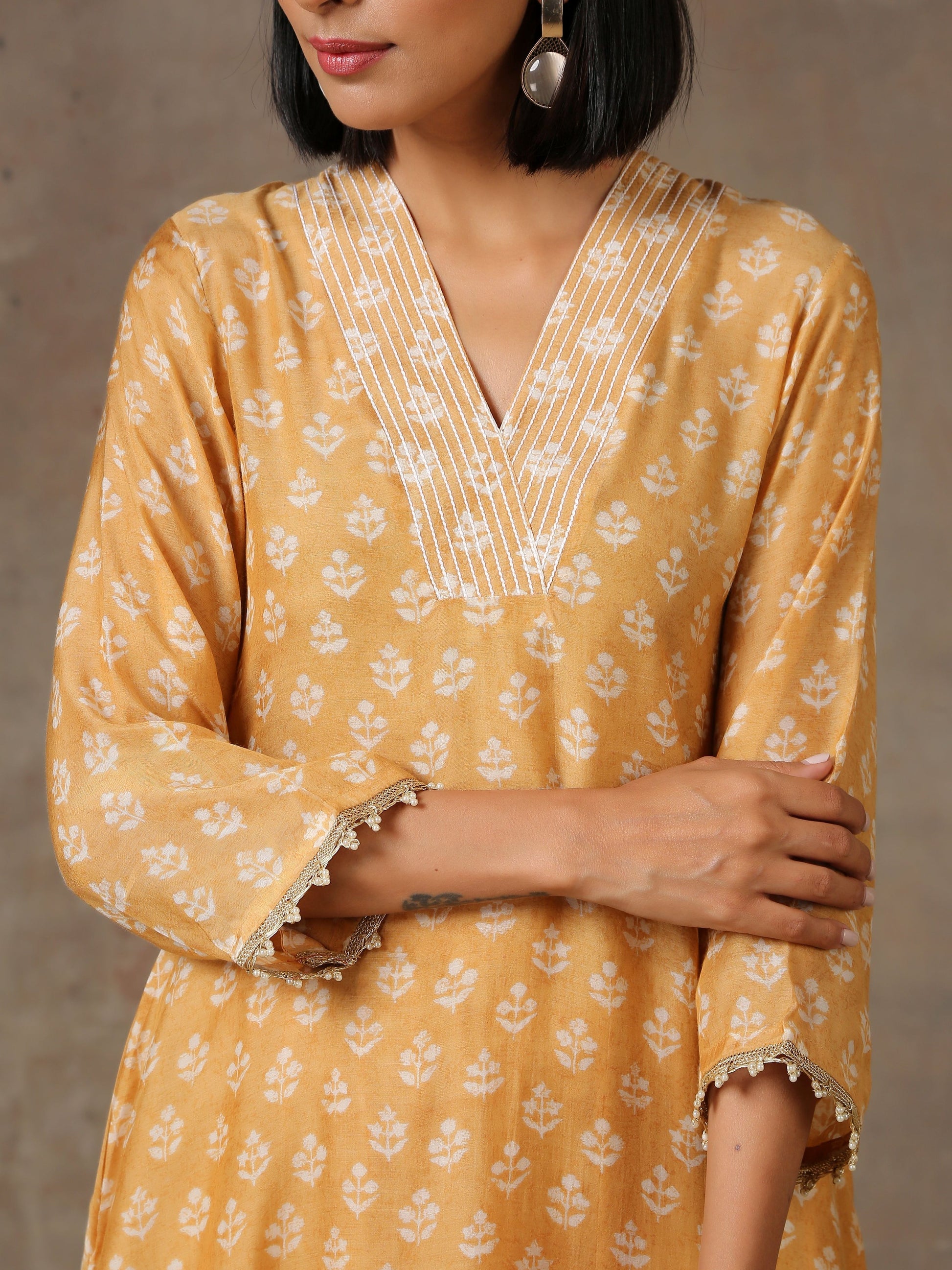 trueBrowns Beige White Flared Printed Silk Kurta Pant Set | Swadesiicart