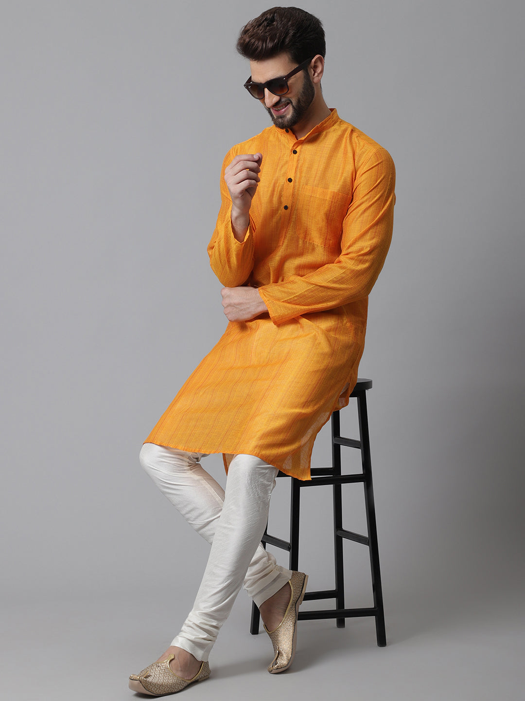 Even Apparels Yellow Check Kurta With Band Collar | Swadesiicart