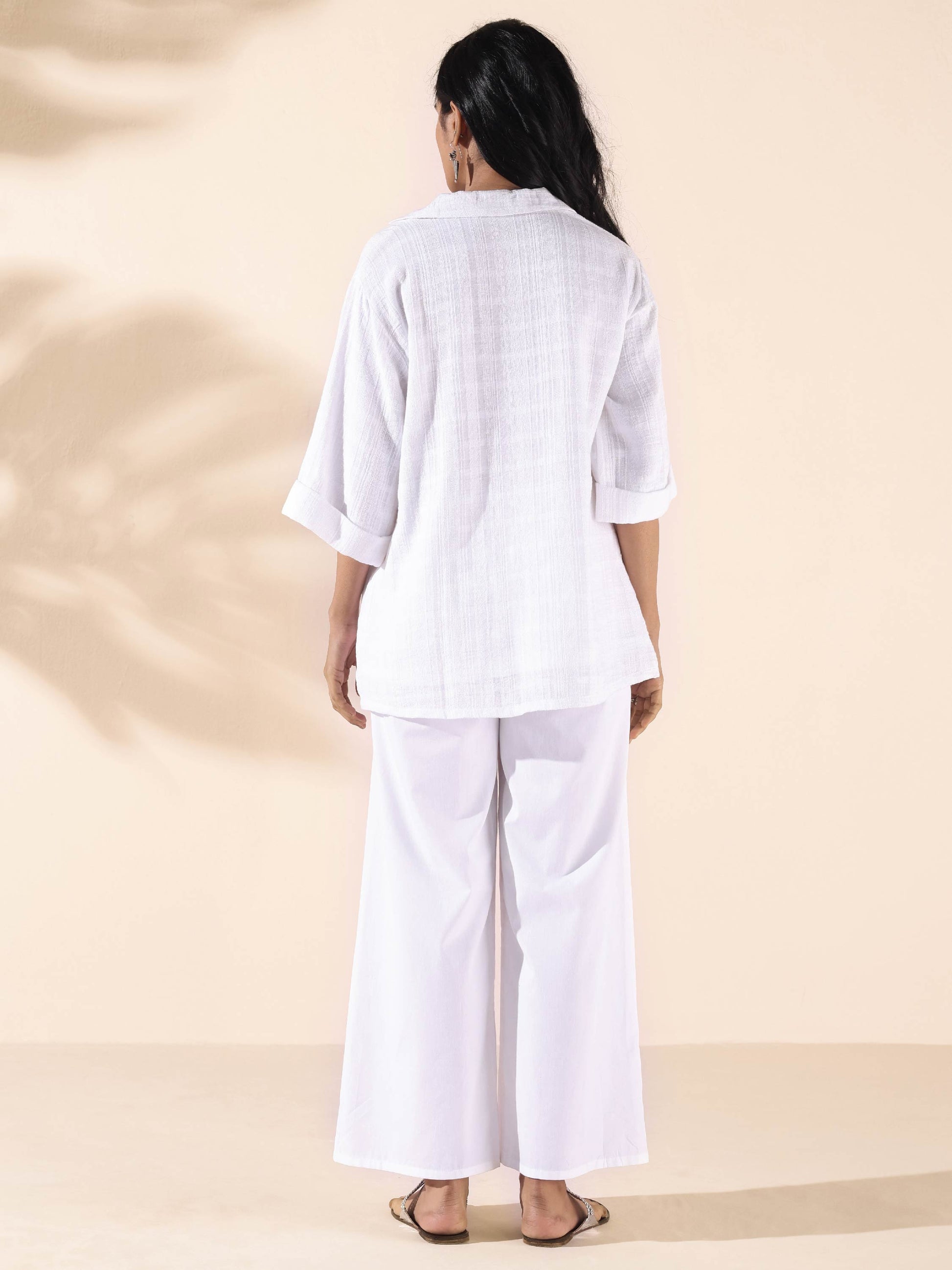 trueBrowns White Cotton Dobby V-Neck Co-ord Set - Swadesiicart