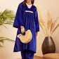 InWeave Women's Royal Blue V Neck Asymmetrical Pleated Velvet Kurta Set - Swadesiicart