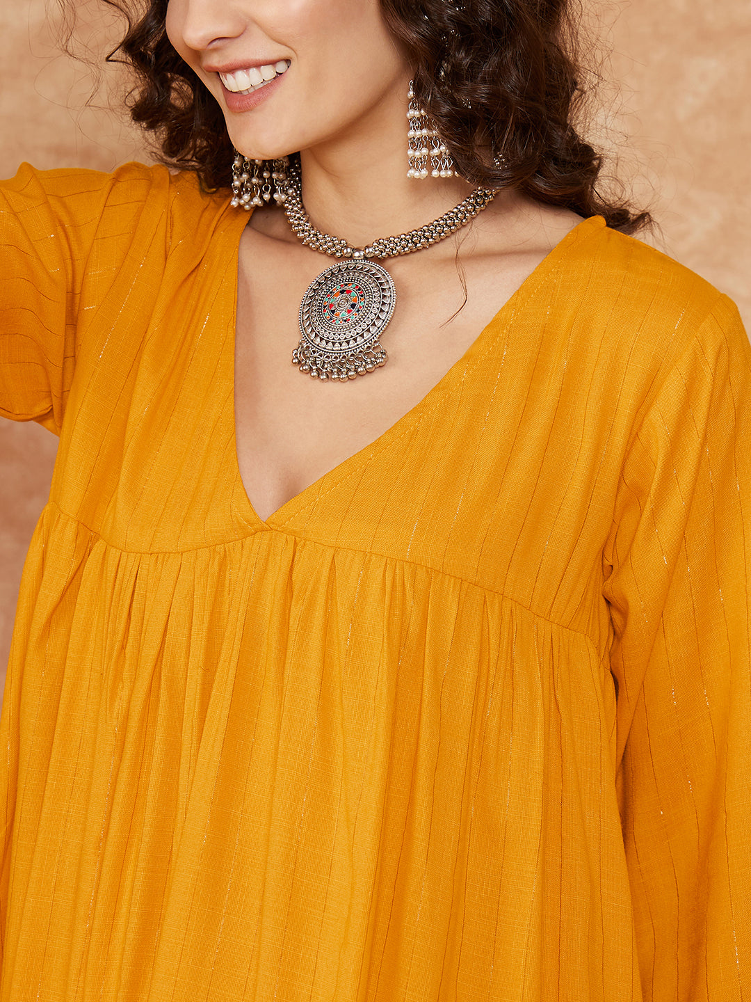 InWeave Women's Mustard Lurex Flared V Neck Kurta Palazzo Set - Swadesiicart