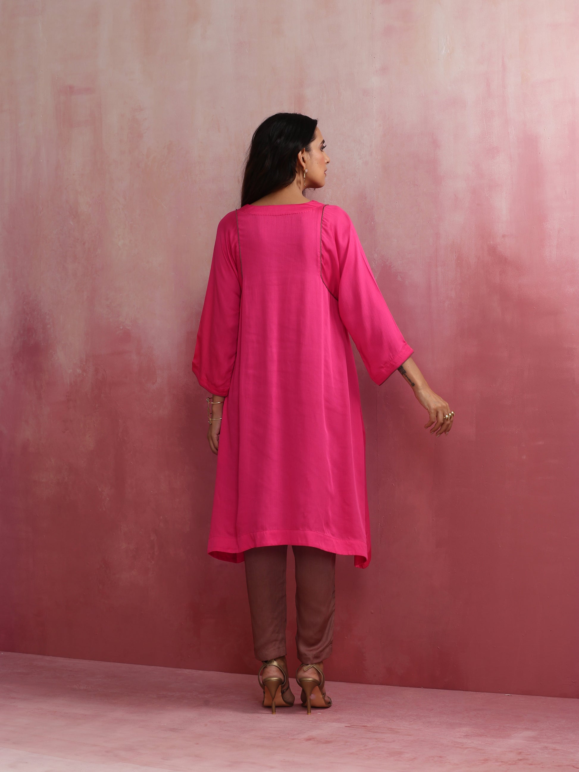trueBrowns Pink Modal Kimono Kurta Set - Swadesiicart