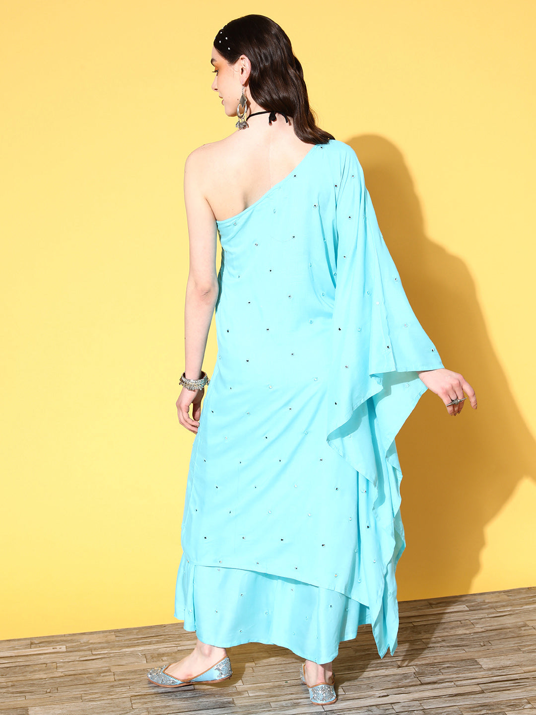 InWeave Women's Sky Blue Mirror Work One Shoulder Kurta Set - Swadesiicart