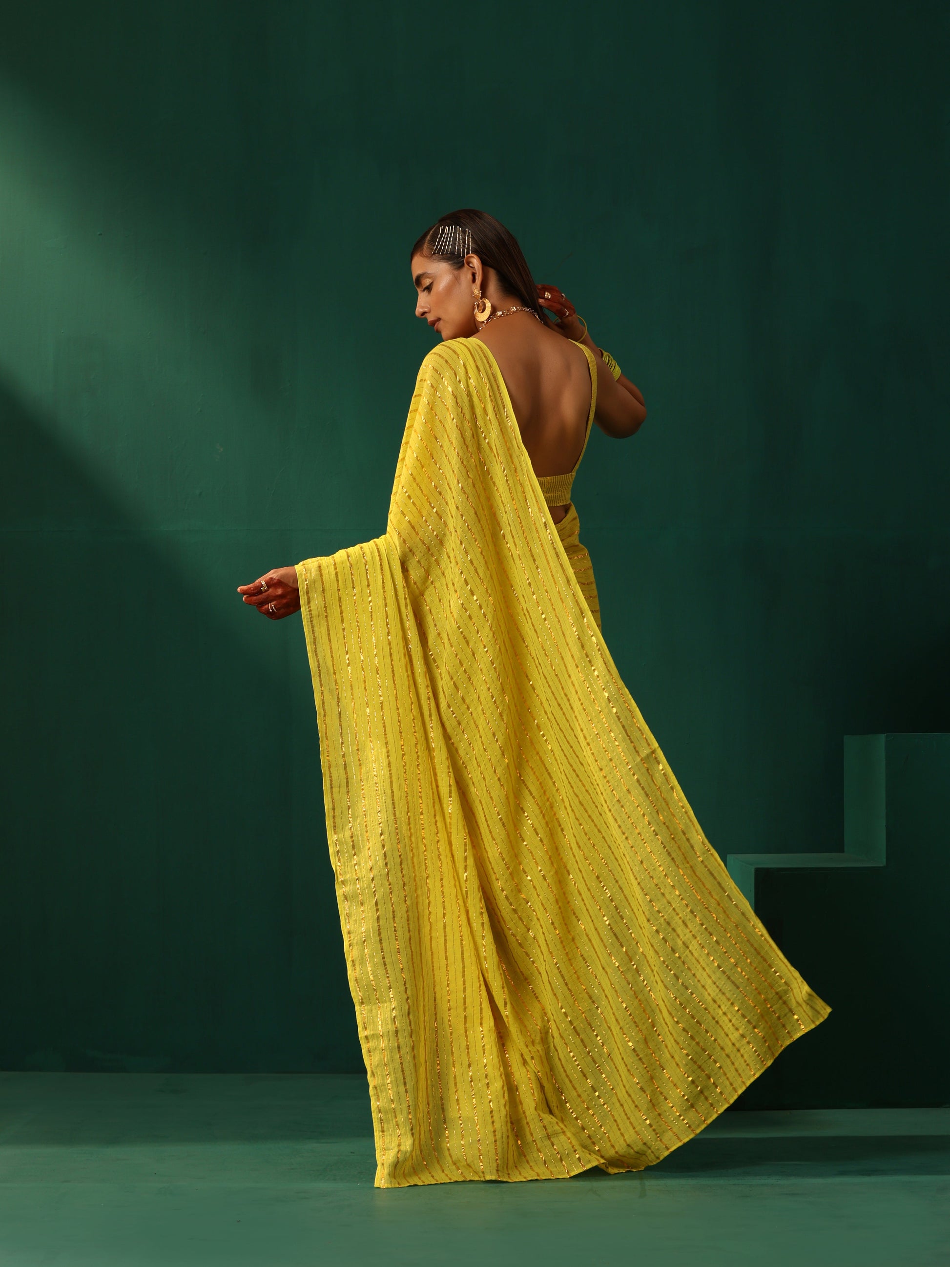 trueBrowns Lime Cotton Gold Lurex Striped Ready to Wear Saree | Swadesiicart
