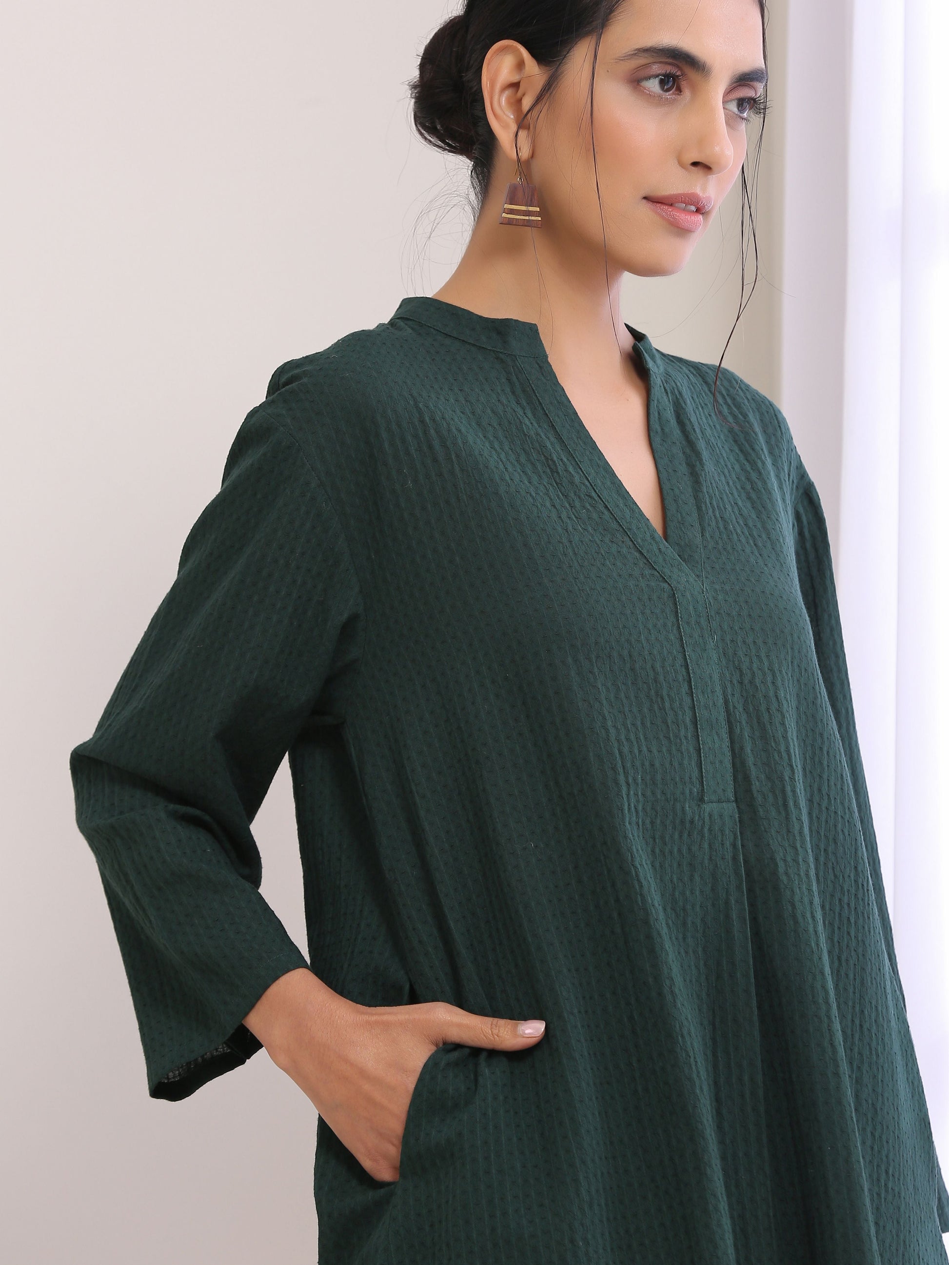 trueBrowns Dark Green Dobby Relaxed Fit Co-Ord Set - Swadesiicart
