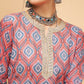InWeave Women's Red Blue Ogee Print Gota Straight Kurta - Swadesiicart