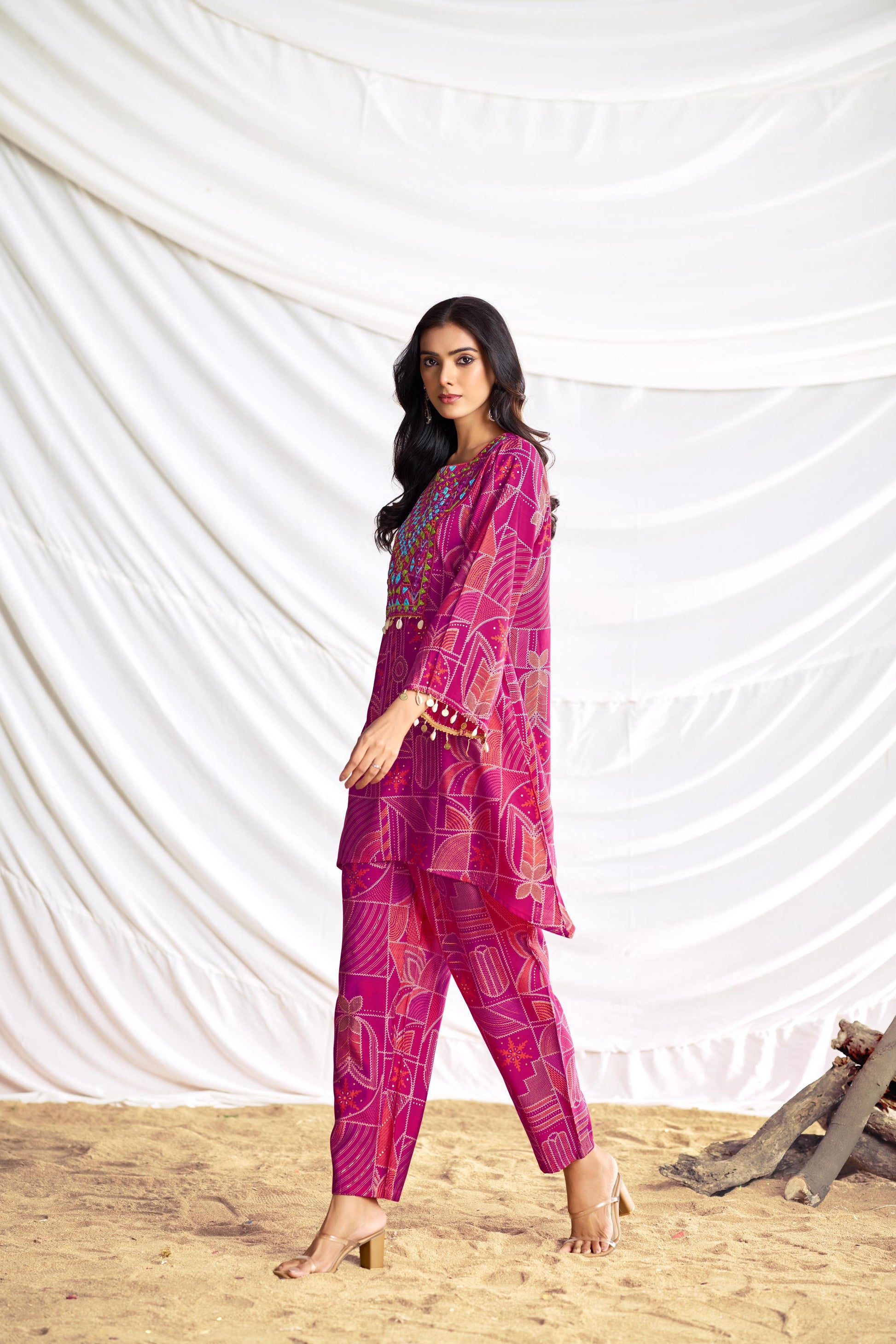 BulBul Ashka Chanderi Fuschia Co-Ord Set - Swadesiicart