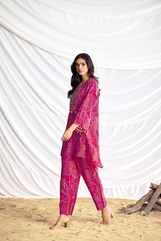 BulBul Ashka Chanderi Fuschia Co-Ord Set - Swadesiicart