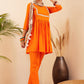 InWeave Women's Orange Round Neck Square Gota Work Kurta Pant Set - Swadesiicart