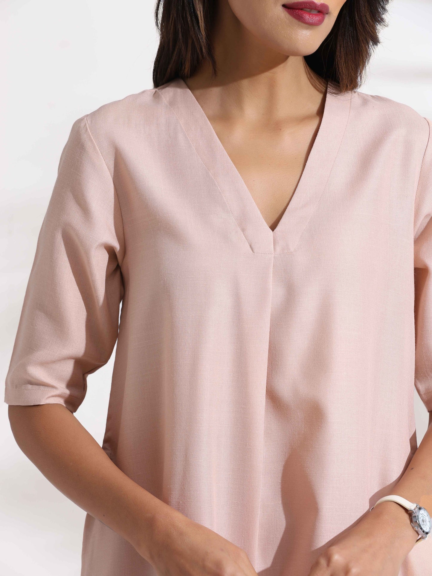 trueBrowns Light Pink Slub Kurta Set | Swadesiicart