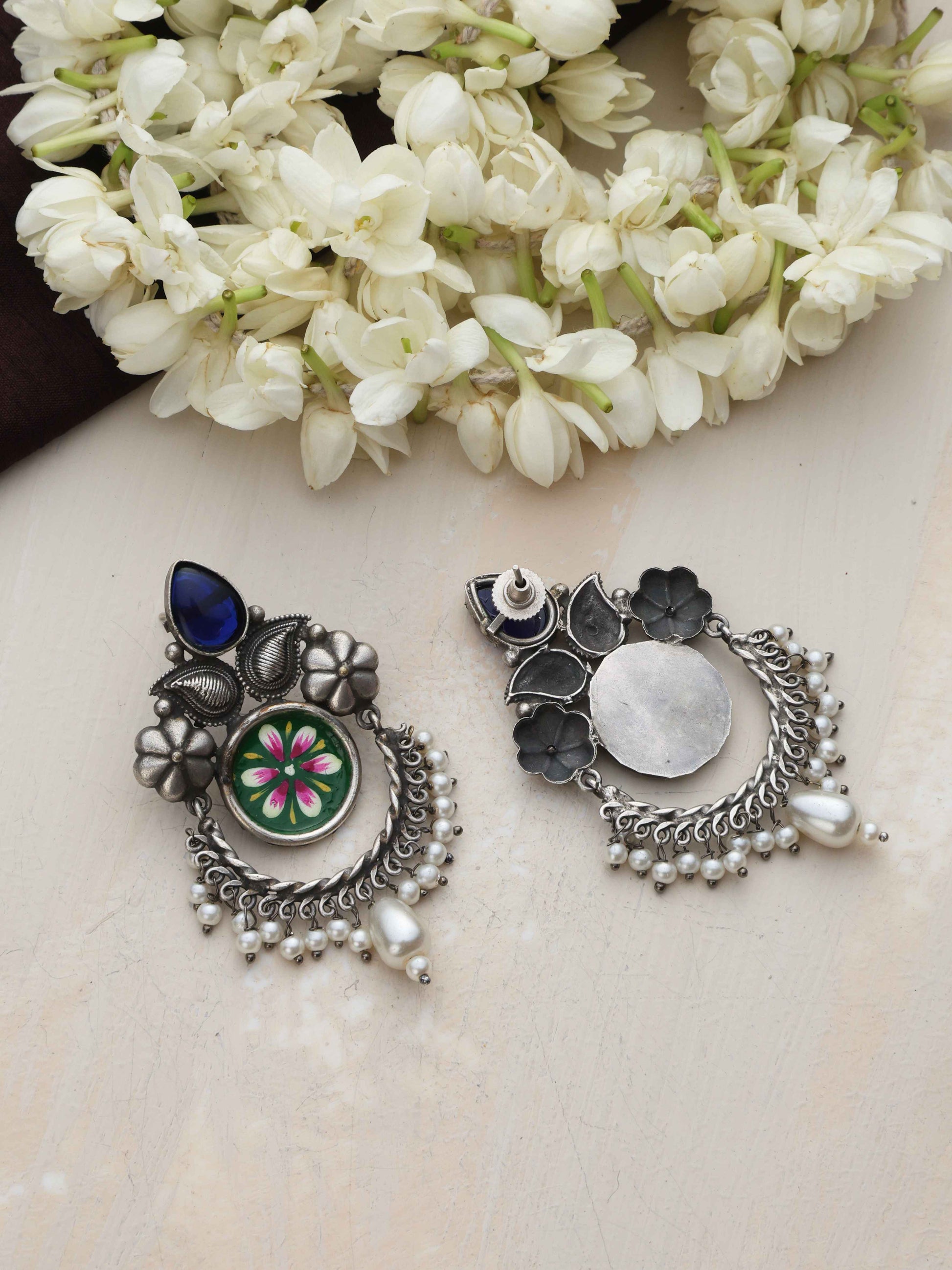 trueBrowns Silver Tone Handpainted Earrings | Swadesiicart