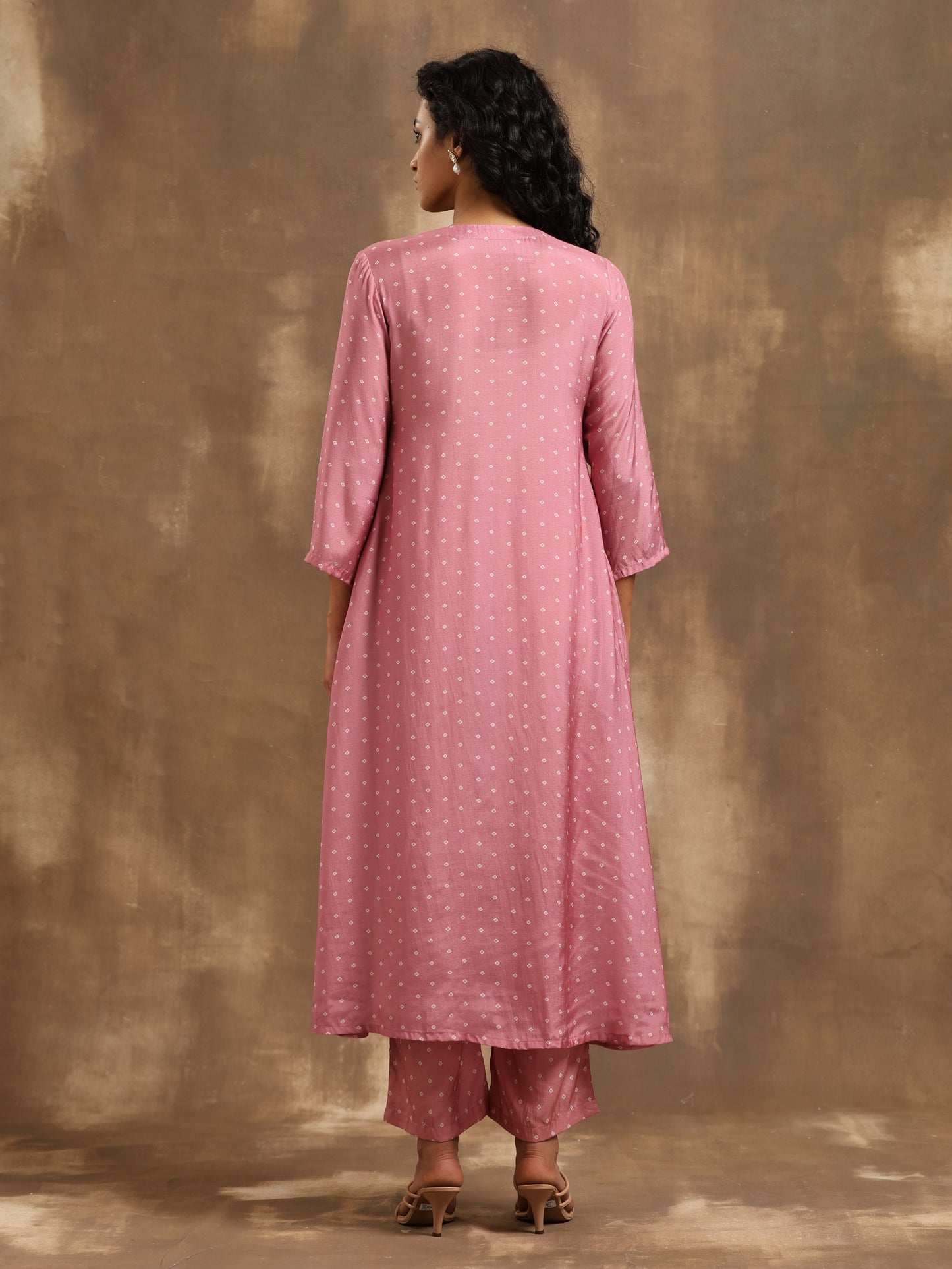 trueBrowns Light Mauve Bandhani Printed Silk Angrakha Kurta Pant Set | Swadesiicart