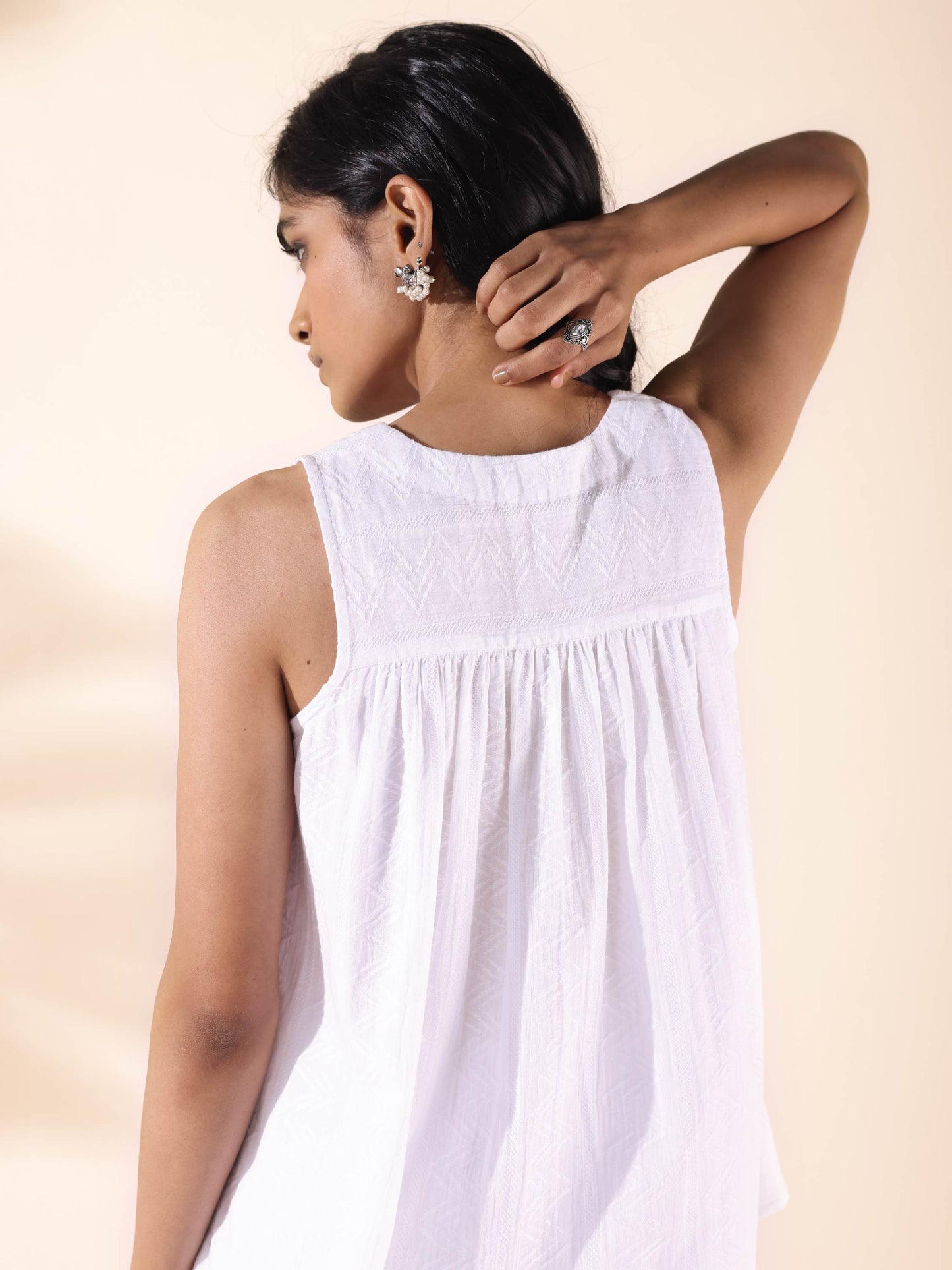 trueBrowns White Cotton Dobby Flared Co-ord Set - Swadesiicart