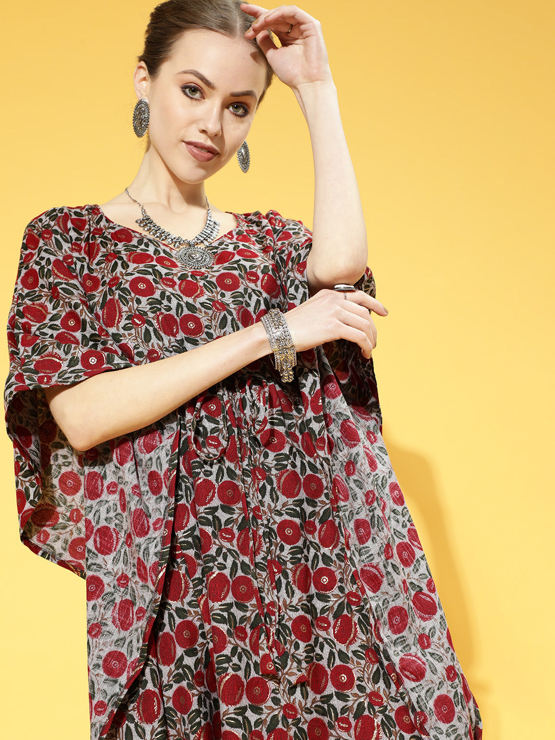 InWeave Women's Maroon Floral Jaal Print Kaftan Dress - Swadesiicart