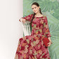 InWeave Women's Red Tropical Print Gota Long Dress - Swadesiicart
