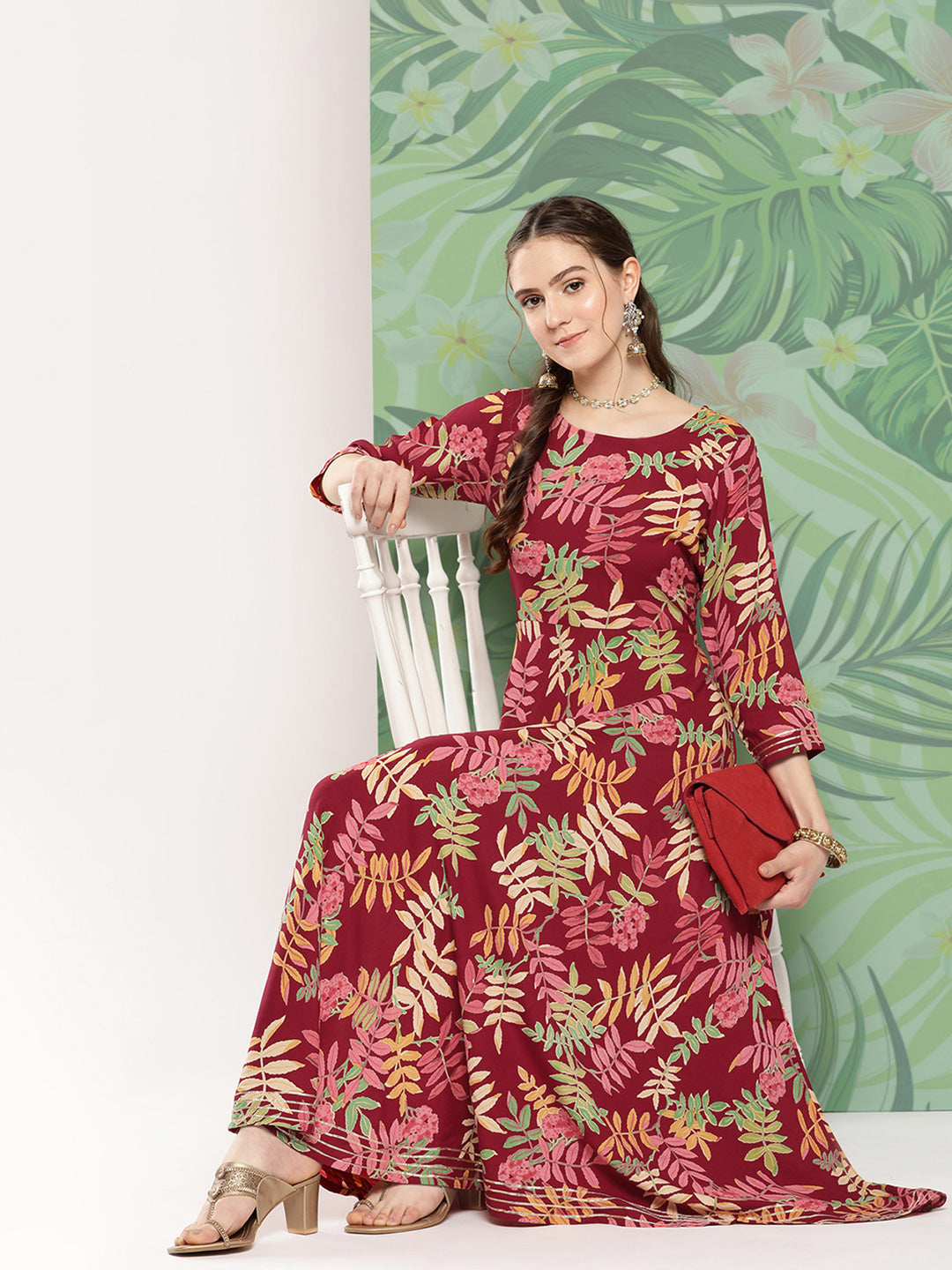 InWeave Women's Red Tropical Print Gota Long Dress - Swadesiicart