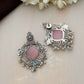 trueBrowns Silver Tone Pink Stone Pearl Drop Earrings - Swadesiicart