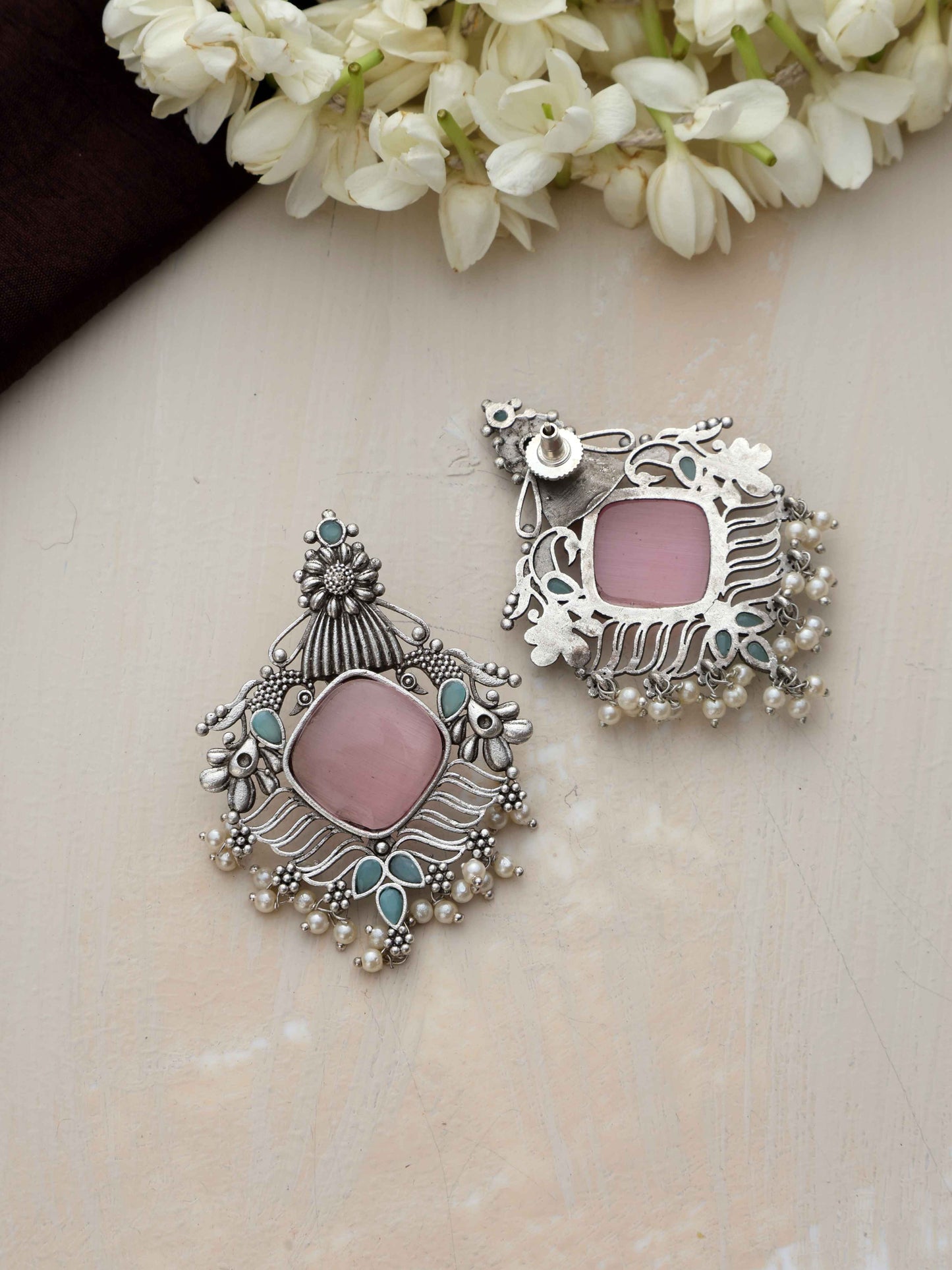 trueBrowns Silver Tone Pink Stone Pearl Drop Earrings - Swadesiicart