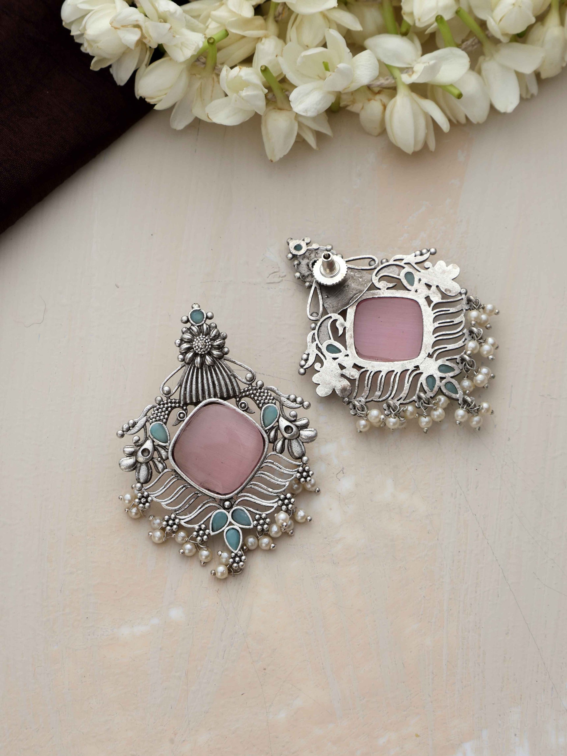 trueBrowns Silver Tone Pink Stone Pearl Drop Earrings - Swadesiicart