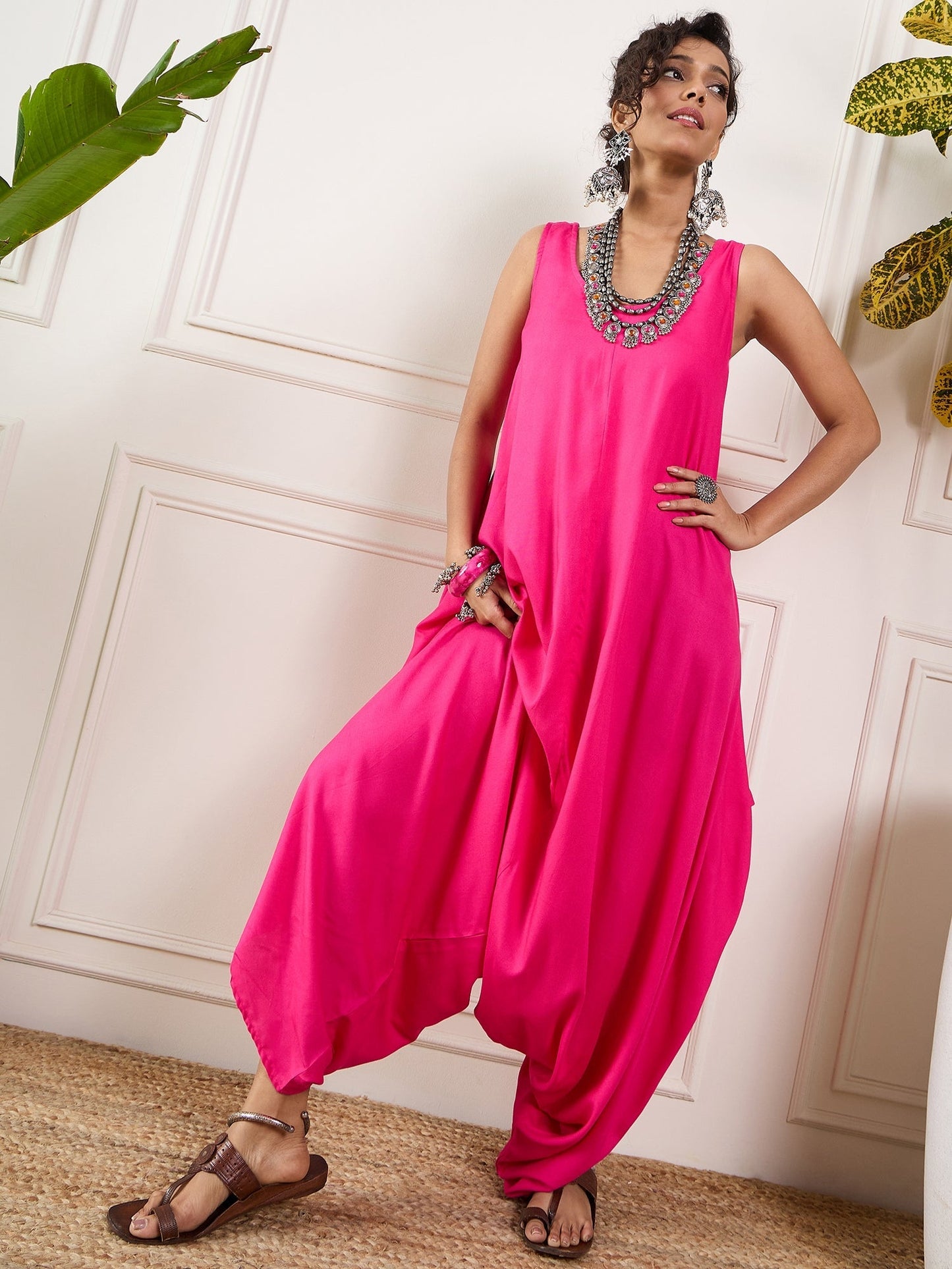 InWeave Pink Round Sleeveless Jumpsuit - Swadesiicart