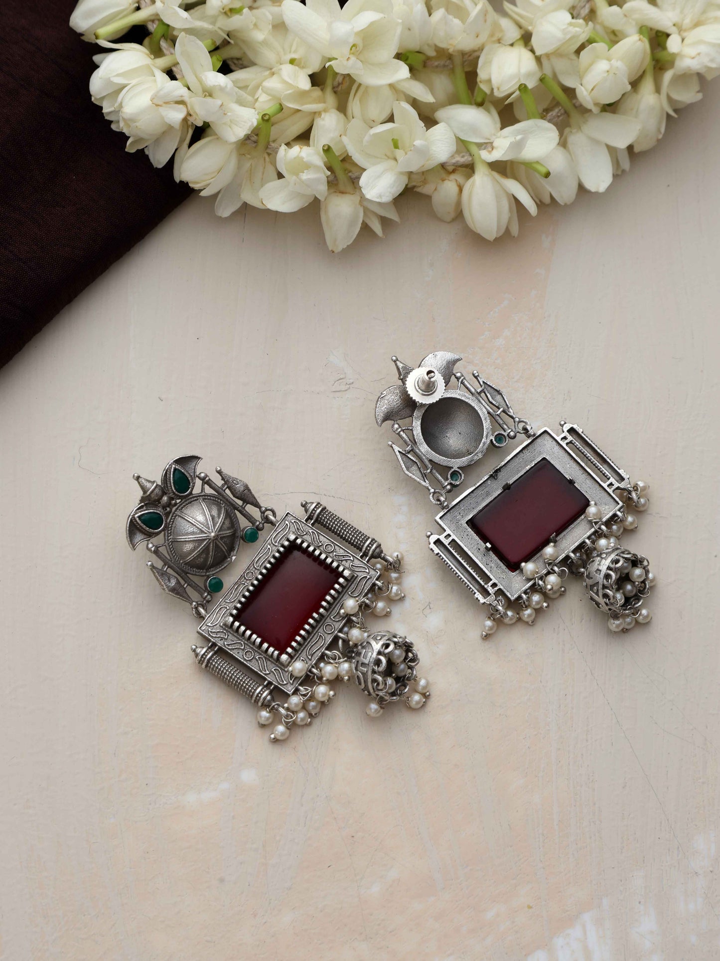 trueBrowns Silver Tone Red Stone Dangle Earrings - Swadesiicart