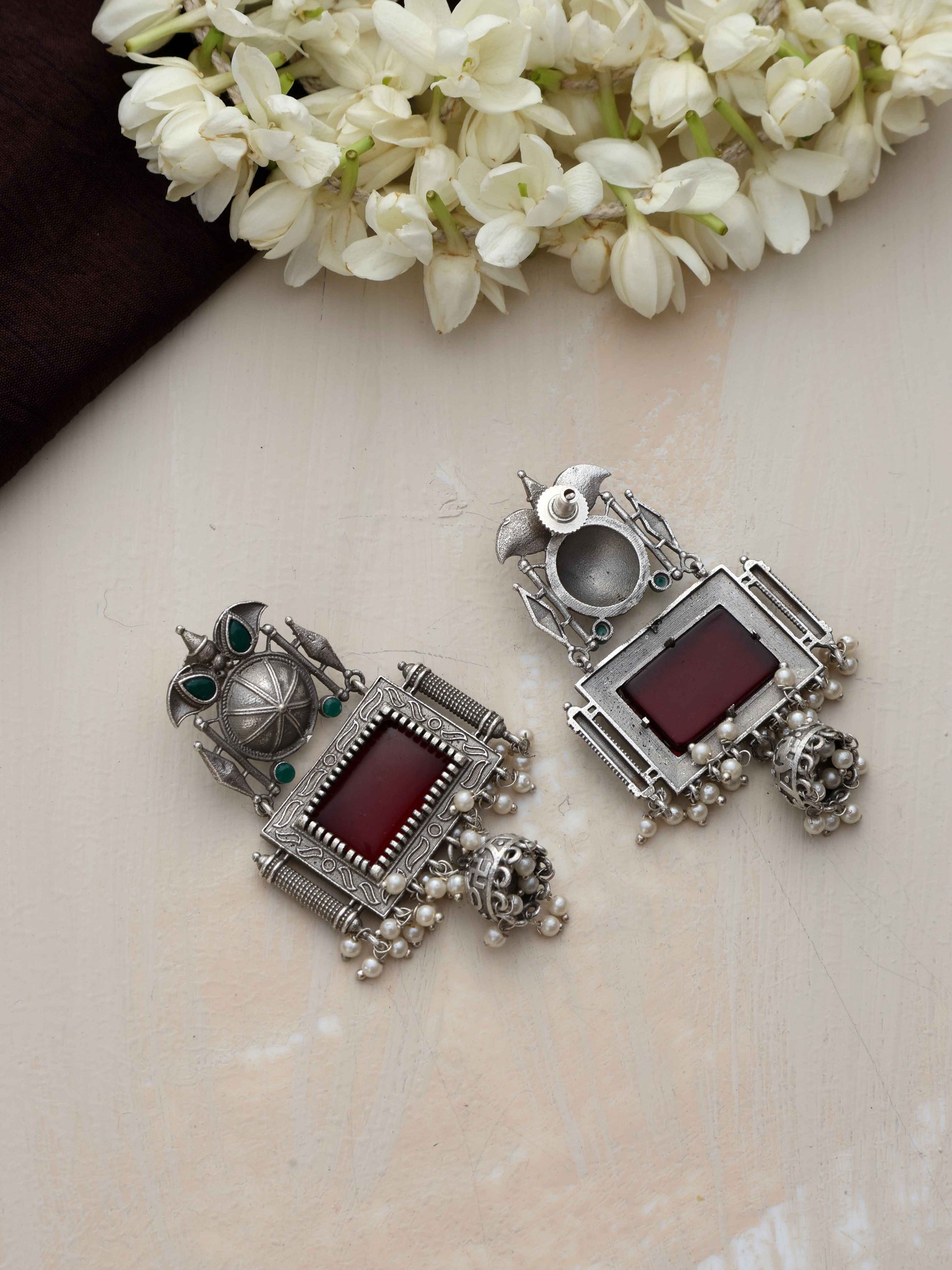 trueBrowns Silver Tone Red Stone Dangle Earrings - Swadesiicart