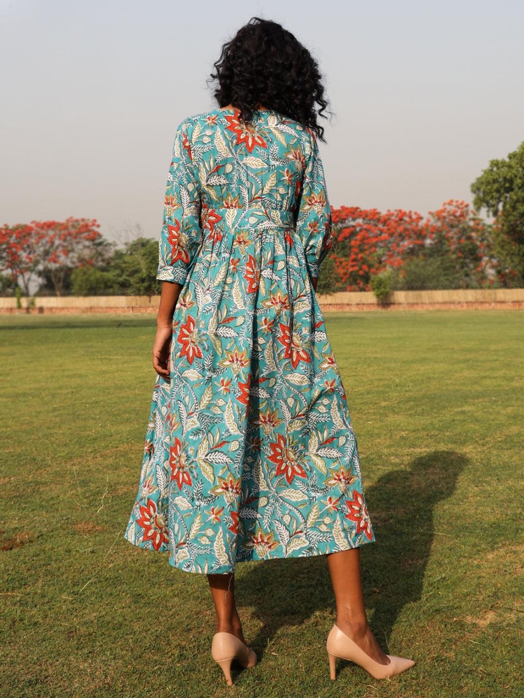 trueBrowns Teal Cotton Block Print Wrap Dress | Swadesiicart